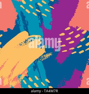 Hand painted brush strokes in blue, yellow, blue, coral. Seamless vector abstract pattern, background of texture brush strokes and spots, dots Stock Vector