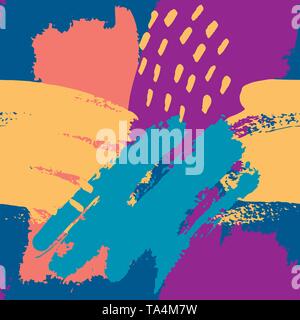 Hand painted brush strokes in blue, yellow, blue, coral. Seamless vector abstract pattern, background of texture brush strokes and spots, dots Stock Vector