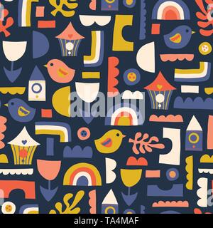 Childish seamless vector pattern with hand drawn Scandinavian style birds, birdhouse, rainbow, flower.  Stock Vector