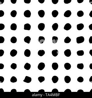 Vector seamless hand draw polka dot brush black and white pattern. Monochrome Scandinavian backgrounds of simple primitive with dots Stock Vector