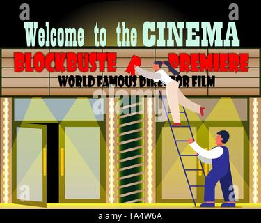 The facade of the cinema building. Workers fix the sign. Vector illustration Stock Vector