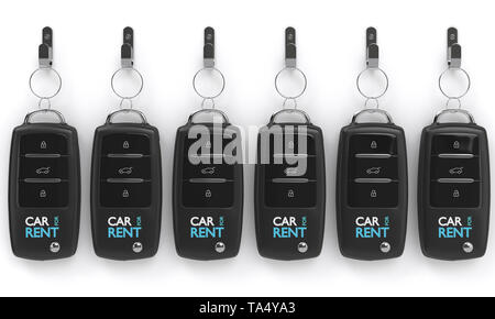 3d render of car for rent keys hanging on hook isolated over white background Stock Photo