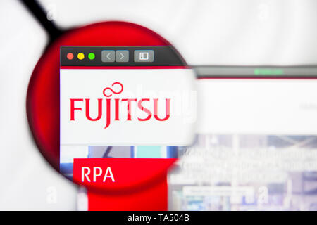 New York, New York State, USA - 21 May 2019: Illustrative Editorial of japanese company Fujitsu Ltd website homepage. Fujitsu Ltd logo visible on scre Stock Photo