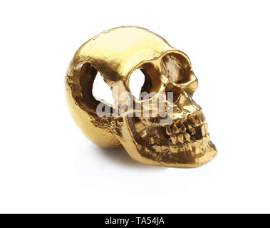 Golden human skull on white background Stock Photo
