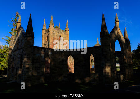 Church ruins.  World Heritage listed Port Arthur convict penal settlement in Tasmania was established in the 1830s and is the best preserved convict s Stock Photo