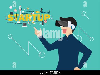 Man in virtual reality startup concept. vector illustration Stock Vector