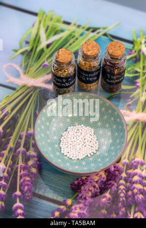 homeopathy globules close up, alternative natural medicine Stock Photo