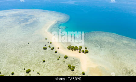 Tropical island with mangroves and turquoise lagoons on a coral reef, top view. Fraser Island, seascape Honda Bay, Philippines. Atolls with lagoons and white sand. Stock Photo