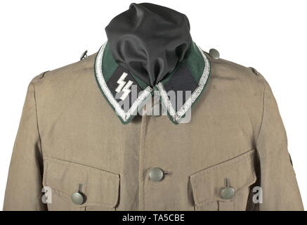 A tunic M 36 for an SS-Unterscharführer private purchase piece Light summer issue in thin brownish-green cotton with field-grey metal buttons and dark green collar. Silver NCO braid, black collar tabs, the right side with runes in silver-grey RZM embroidery, rank designation missing. Machine-embroidered sleeve eagle on a black base. historic, historical, 20th century, 1930s, 1940s, Waffen-SS, armed division of the SS, armed service, armed services, NS, National Socialism, Nazism, Third Reich, German Reich, Germany, military, militaria, utensil, piece of equipment, utensils,, Editorial-Use-Only Stock Photo