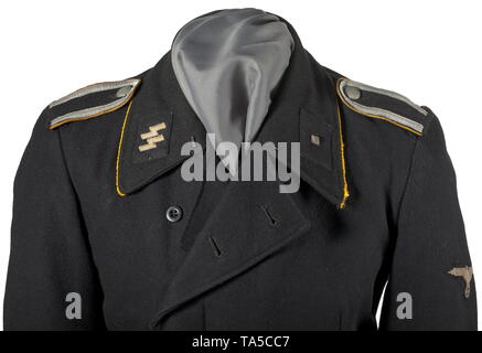 A field tunic of the black special uniform for an SS-Unterscharführer of the armoured reconnaissance troops of the SS armoured units early depot piece with large collar SS cut with straight button fly and one-piece back made of black woollen cloth with small synthetic resin buttons. Black cotton lining with pale size stamp. Traces of use, moth damage. The collar trimmed with golden-yellow cord only on the outer edge. Black collar patches, the right one with runes in RZM embroidery. Black slip-on shoulder boards with golden-yellow piping and silver braiding. Sleeve eagle in , Editorial-Use-Only Stock Photo
