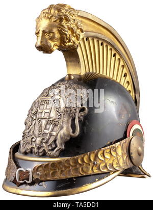 A helmet of the Savoy horseguard militia, circa 1850 Skull of black lacquered brass sheet. Gilt embossed comb, the front embellished with a large, elaborate lion head relief. Silver plated emblem with the large coat of arms of Savoy, one-piece embossed chinscales on smooth rosettes, left with original leather cockade, green underlined visors. Well preserved lining of tender brown leather (with loops). Signs of wear and age. Only slightly worn, in untouched original condition. historic, historical, Italian, Europe, European, 19th century, Additional-Rights-Clearance-Info-Not-Available Stock Photo