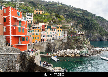 Riomaggiore, Italy - April 21, 2019 Village of Riomaggiore in Cinque Terre in Italy Stock Photo