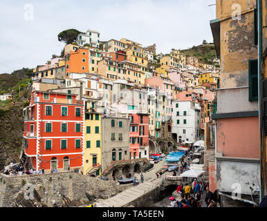 Riomaggiore, Italy - April 21, 2019 Village of Riomaggiore in Cinque Terre in Italy Stock Photo