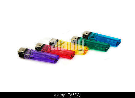 Plastic lighter / Close up of colorful plastic gas lighters isolated on white background Stock Photo