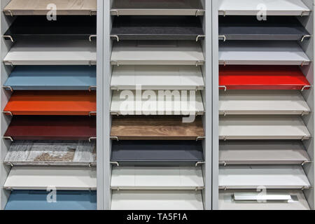 Sample parquet boards in hardware store, in home improvement warehouse exterior Stock Photo