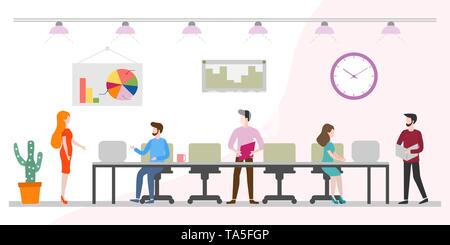 Vector illustration with office men and women working together. Creative people teamwork. Office space. Modern office interior with employees. Design  Stock Vector