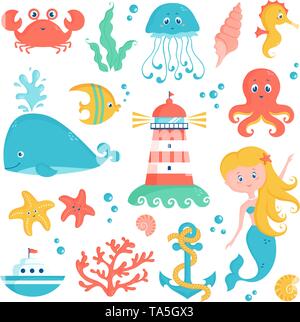 Sea animals, plants, and nautical objects - whale, seahorse, octopus, coral, lighthouse, anchor and other marine symbols. Set of cute vector elements. Stock Vector