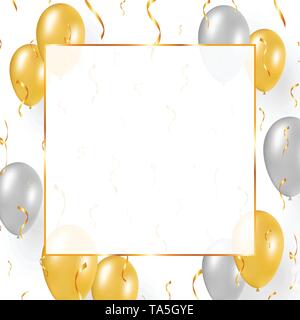 Celebration design on white background. Festive concept with flying gold and silver balloons, confetti. Transparent white empty space for the text in  Stock Vector