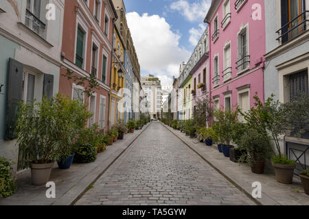 Rue Crémieux is hidden between Rue de Lyon and Rue de Bercy, and can be quickly missed. Most of the houses are painted in a variety of pastel colours, Stock Photo