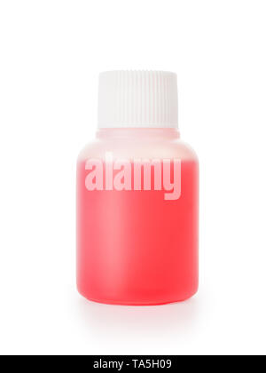 Small white plastic bottle with red liquid. Isolated on white, clipping path included Stock Photo