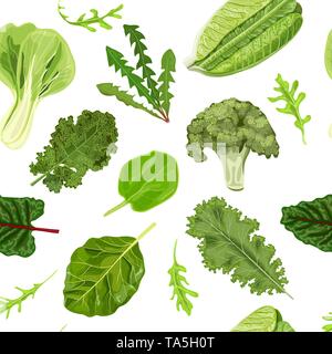 Dark green leafy vegetables seamless vector pattern isolated. fresh juicy raw leaves. Spinach, Dandelion, broccoli, Romaine Lettuce, kale, Collard. He Stock Vector