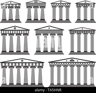 vector set of ancient greek architecture with columns. black and white roman temple building with pillars. logo of greek parthenon or acropolis Stock Vector