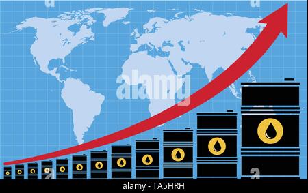 vector crude oil price financial chart with world map, tanks and grid on blue background. red arrow shows oil prices up trade trend. energy market fla Stock Vector