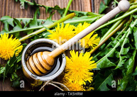 Dandelion wild flower honey and wooden dipper in honey, top view Stock Photo