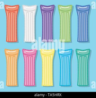 vector collection of colorful pool air mattresses isolated on blue background. inflatable pool air mattress icon Stock Vector