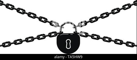 vector illustration of black metal chain and padlock isolated on white background. flat design of lock and chain Stock Vector