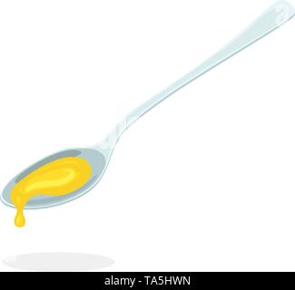 vector spoon and olive oil isolated on white background. organic cooking background with metal spoon pouring sunflower oil Stock Vector
