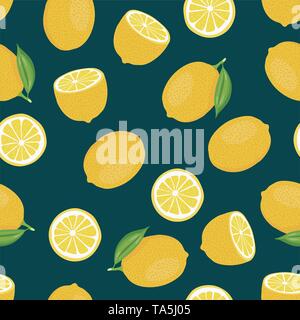 vector citrus seamless background of whole lemon with leaves and lemon slices. juicy citrus fruit seamless pattern Stock Vector