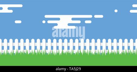 vector seamless background of white picket fence boundary, green grass, blue sky and clouds. rural illustration with wooden picket fence Stock Vector