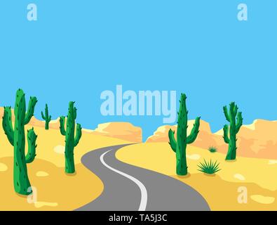 vector desert landscape illustration with cactuses, road and mountains. cartoon of green cactus in hot american desert Stock Vector