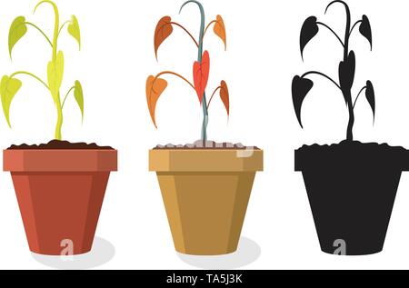 vector set of dying home plants isolated on white background. dry soil makes pot plant to wilt and become dead. symbols of dying flower Stock Vector
