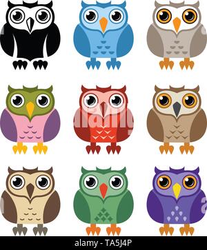 vector black and white and colorful owl icons isolated on whie background. owl bird logo graphic design, wisdom symbol Stock Vector