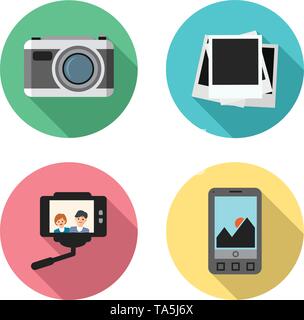 vector set of photo camera, instant photo frames, selfie capture with a smartphone of two friends or married couple and no image available icons. blan Stock Vector