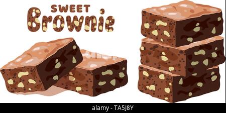 vector chocolate brownies isolated on white background. piles of brownie cake pieces with nuts as homemade dessert food illustration. eps10 Stock Vector