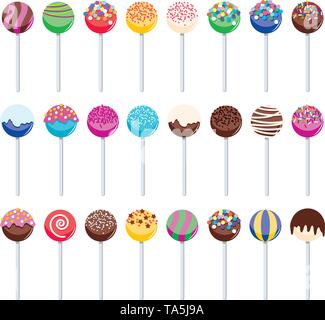 vector set of colorful cake pops. sweet candy lollipops with sprinkles for food backgrounds. cake pop icons isolated on white background Stock Vector