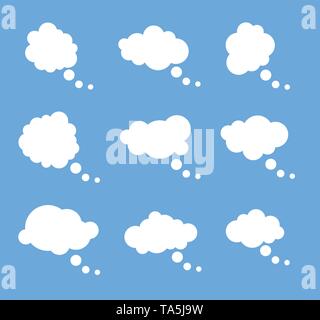 vector set of thought white bubbles isolated on blue background. space for thinking or speech text. think or communication cloud. dialog bubble icon Stock Vector