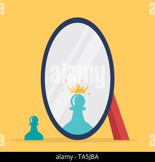 vector concept of chess reflection in a mirror. pawn dreams to be a crowned king. business strategy for success illustration. chess pawn crowned as ki Stock Vector