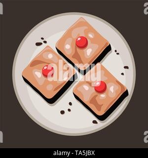 vector chocolate brownies. brownie cake pieces with cherry fruits on top. sweet brownies on plate as homemade dessert food illustration. eps10 Stock Vector