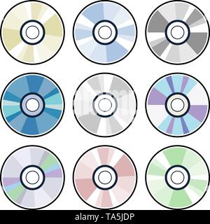 vector dvd or cd disc icons isolated on white background. set of compact discs for data storage. music or video record dvd disks Stock Vector