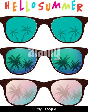 vector set of sunglasses with palm tree reflection. hello summer colourful text. modern sun glasses set isolated on white background. summer travel to Stock Vector