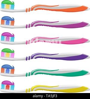 vector set of colorful toothbrushes isolated on white background. tooth brush with toothpaste. dental hygiene care symbol. plastic toothbrush for clea Stock Vector