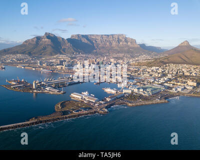 Aerial view over Cape Town, South Africa with Table Mountain Stock Photo