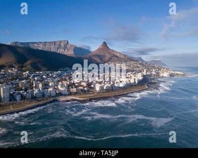 Aerial view over Cape Town, South Africa with Table Mountain Stock Photo