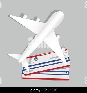 Banner with two boarding pass tickets and aircraft. flying airplane express delivery shipping international transportation concept. Vector icon Stock Vector