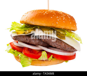 Appetizing double cheeseburger with two grilled beef patties. Isolated over white background Stock Photo