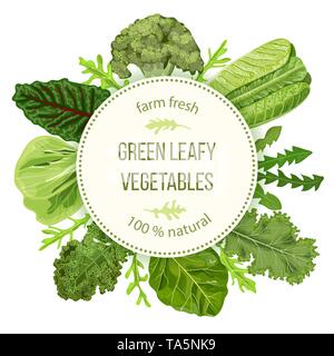 Green leafy vegetables, Round label, text, copt space. farm fresh Spinach, Dandelion, broccoli, Romaine Lettuce, kale, Collard. Can be used for cookin Stock Vector